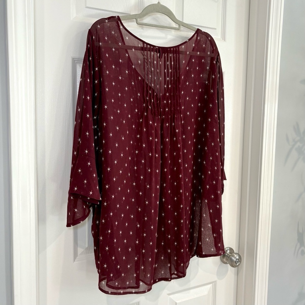 Torrid Pintuck Chiffon Burgundy Dot Star Peasant Sheer Blouse Women Plus Size 4 - Picture 9 of 17